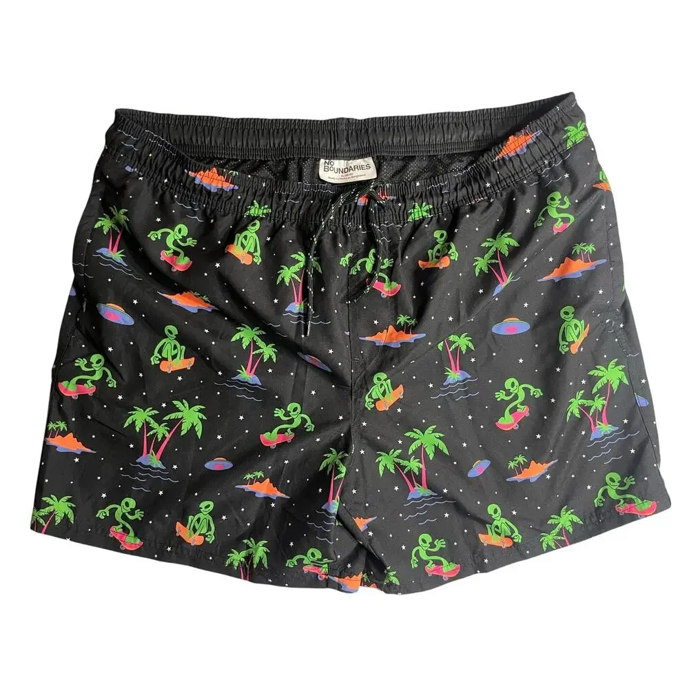 No Boundaries men's swim trunks feature aliens riding skateboards-used G,Size XL